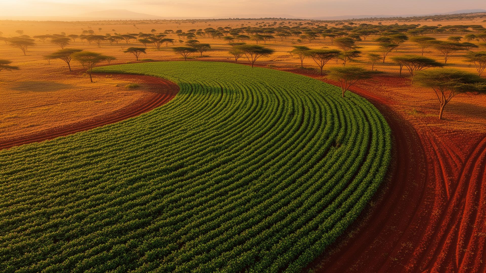 Aerial view of healthy crop rows on a Tanzanian farm at golden hour