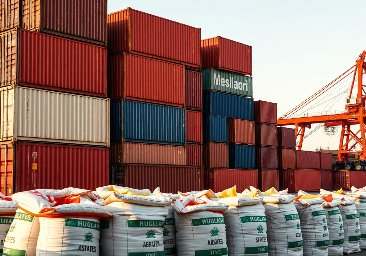 Shipping containers and imported fertilizer sacks at a port
