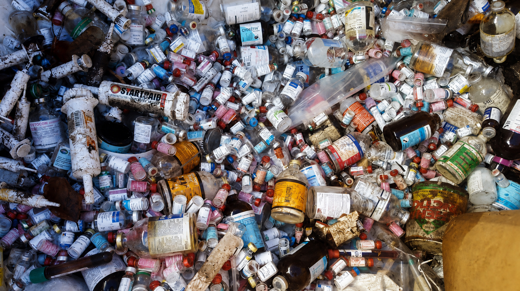 Empty plastic pesticide containers discarded at the edge of farmland